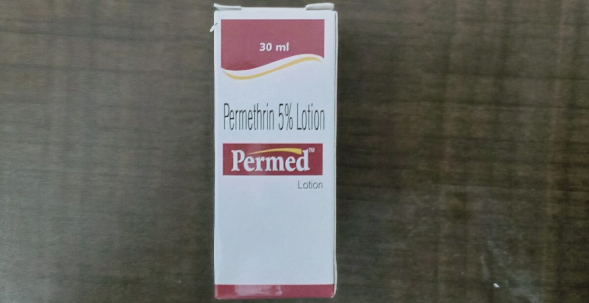 Permed lotion contains permethrin 5% w/v and it is used in treatment of scabies infection, applied on skin below neck at night.